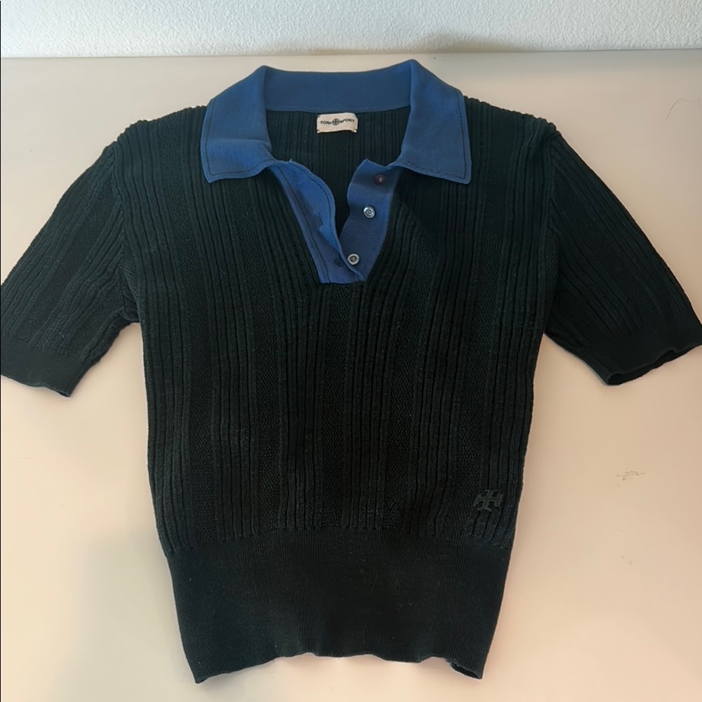 tory burch sport forest green knit polo with blue collar